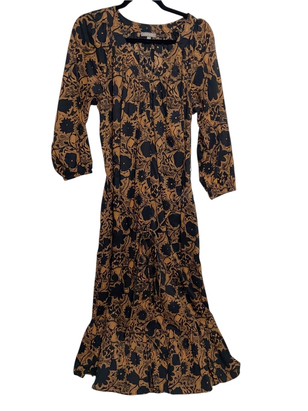 Lilla P Dress Womens Small Brown Black Print Maxi Pockets Long Sleeve Fall Belt